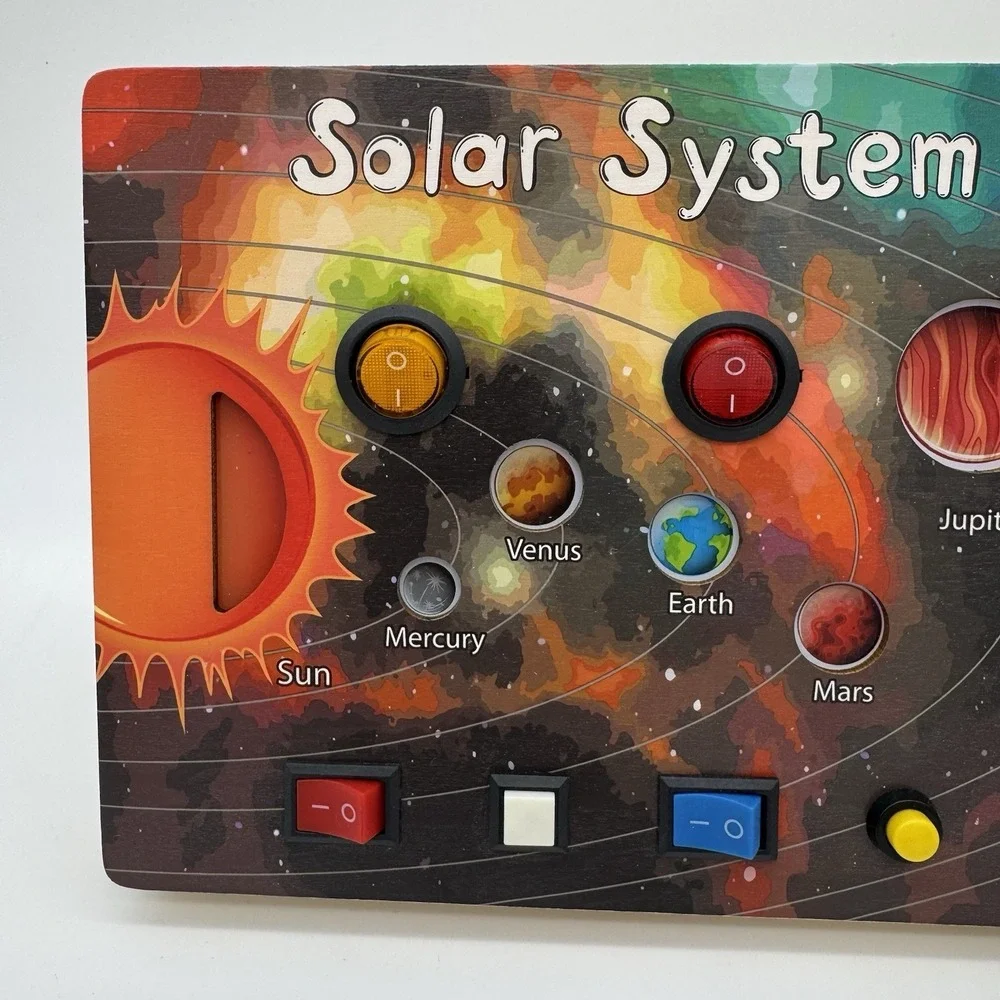 Montessori Wooden Solar System Busy Board With 8 LED Light Switches Sensory Toy